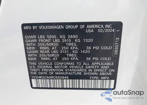 2024 Volkswagen Atlas 2.0T Se W/Technology из США, поврежденный, VIN 1V2HR2CA0RC562645